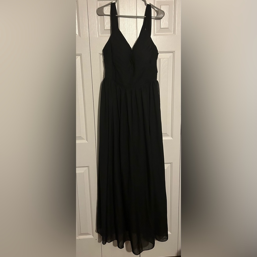 A-line chiffon dress w/ lace-up back, sleeveless, side slit, ruching on bodice